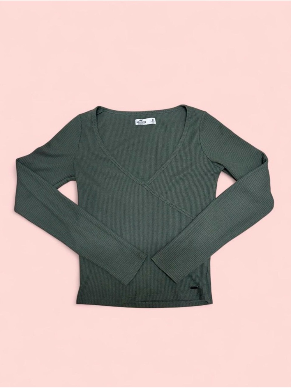 Hollister Olive Green Ribbed V-Neck Long Sleeve Top